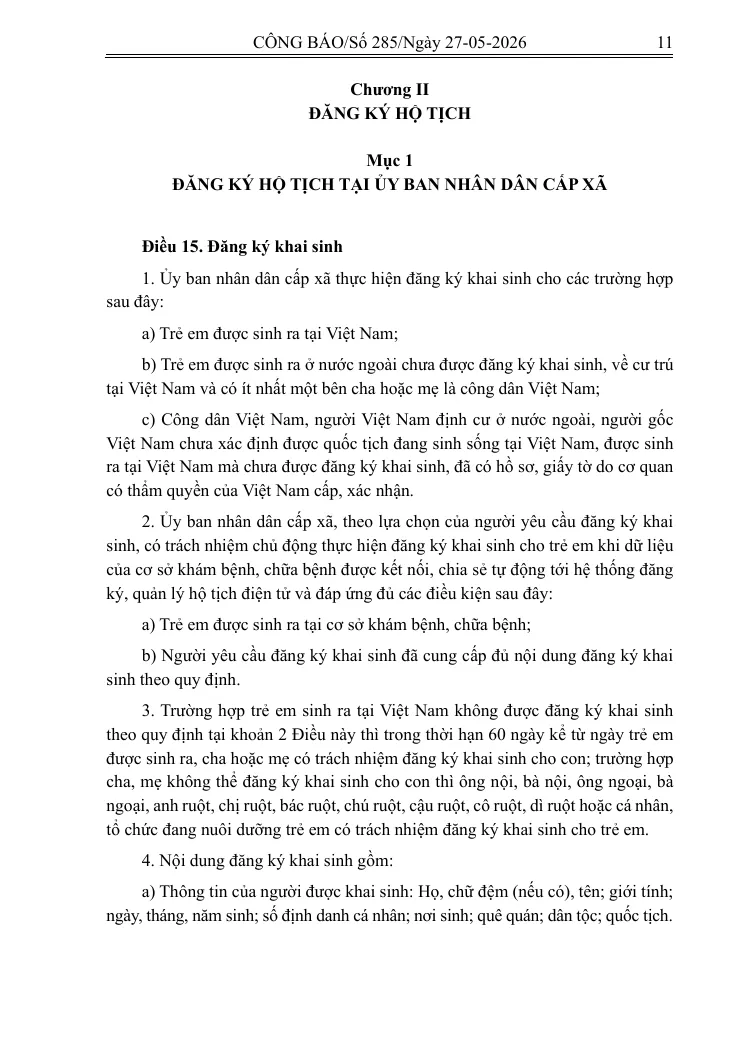 Printed page of the signed 2026 Civil Status Law with the article on birth registration.