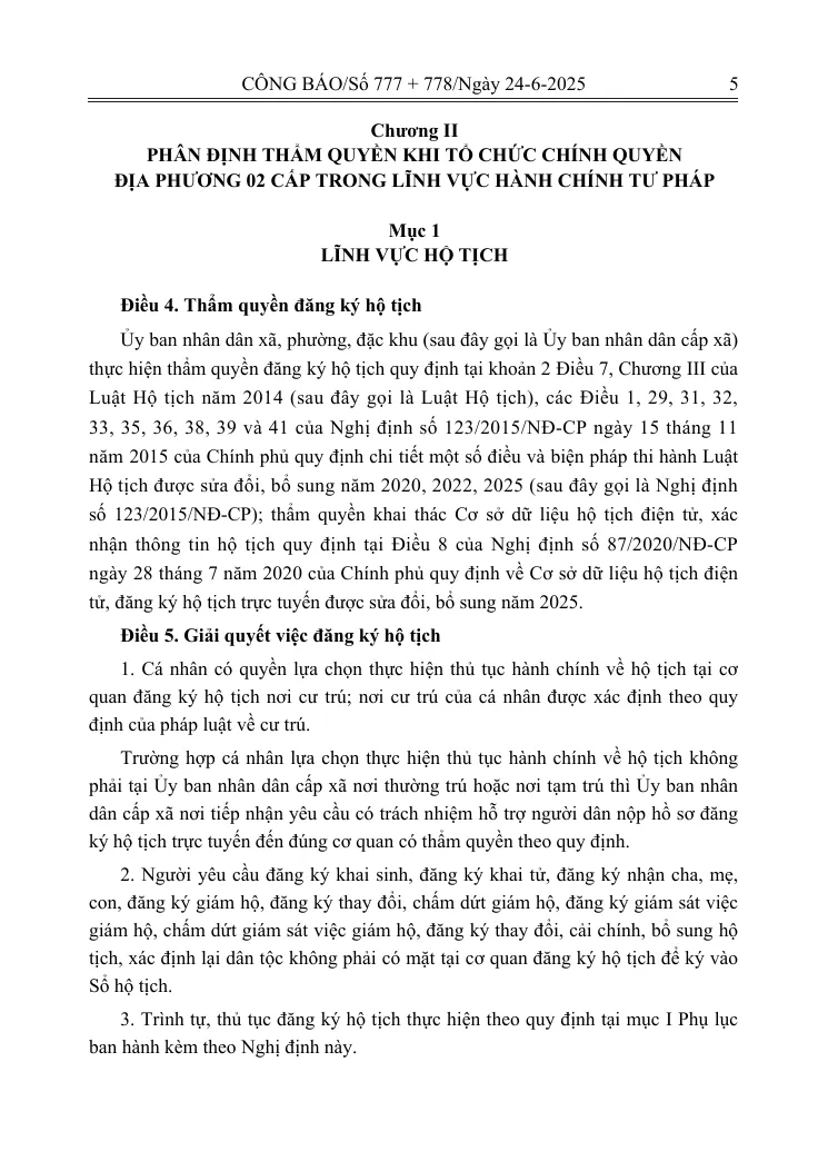 Printed page of the signed decree with the articles on registration powers and on handling civil-status registration.