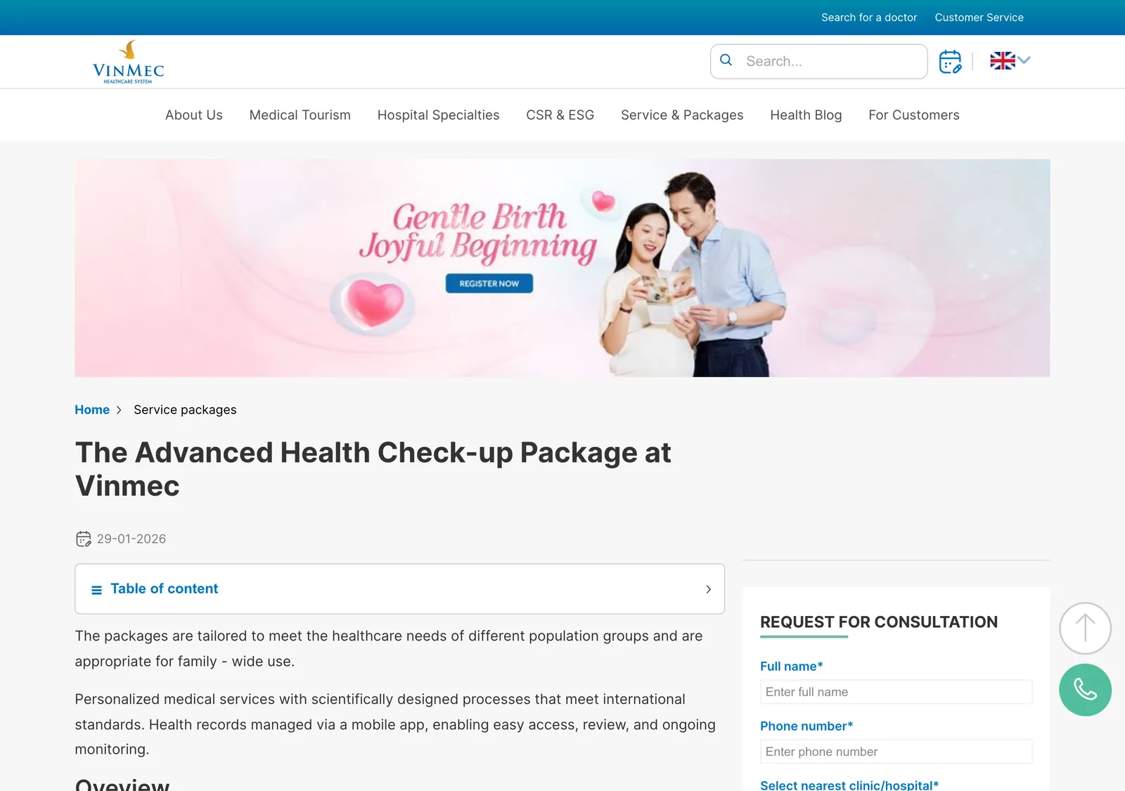 Vinmec page titled The Advanced Health Check-up Package at Vinmec, with a table of contents box.