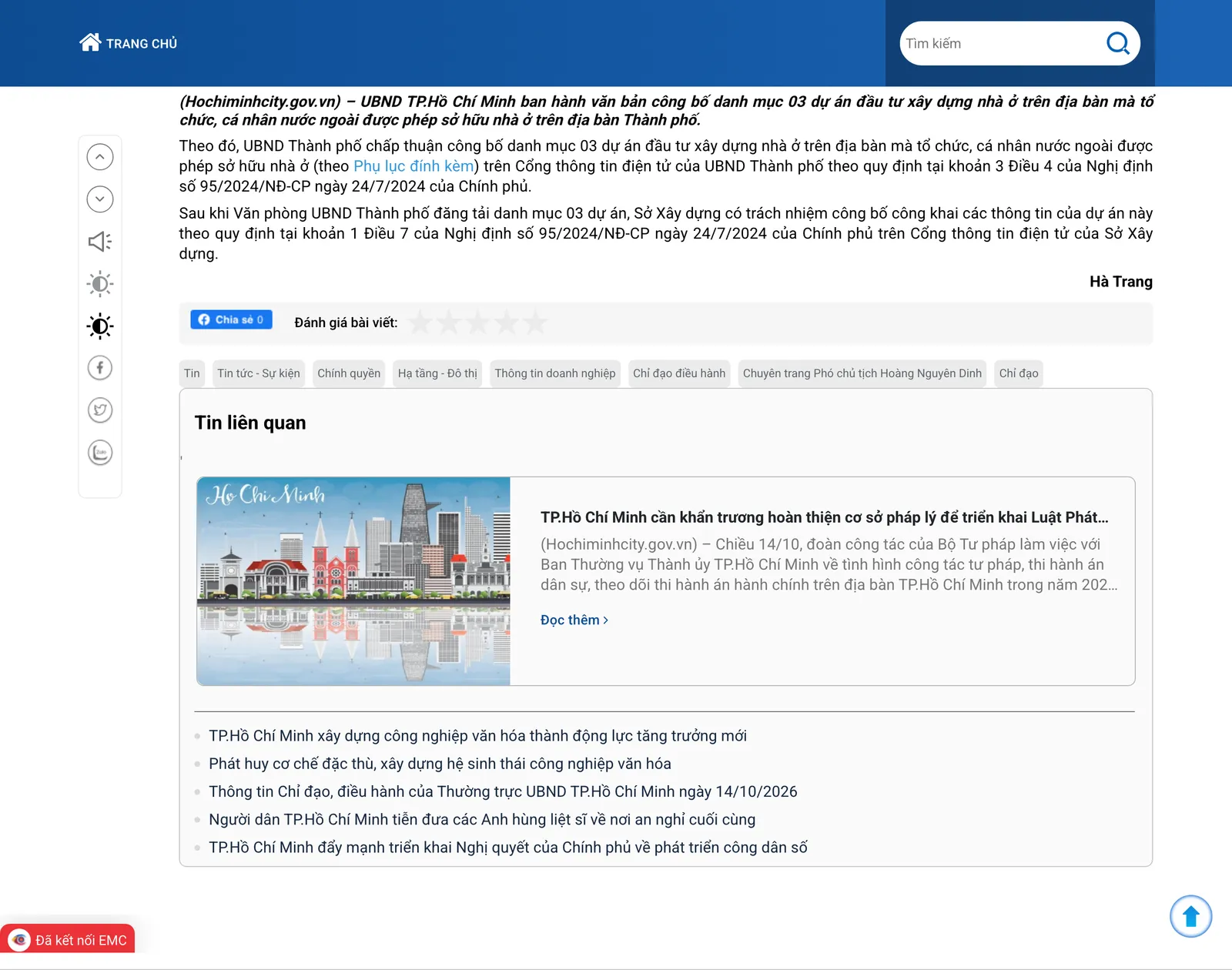 City government news page in Vietnamese about the list of housing projects open to foreign owners, with the closing paragraphs and a related-news box.