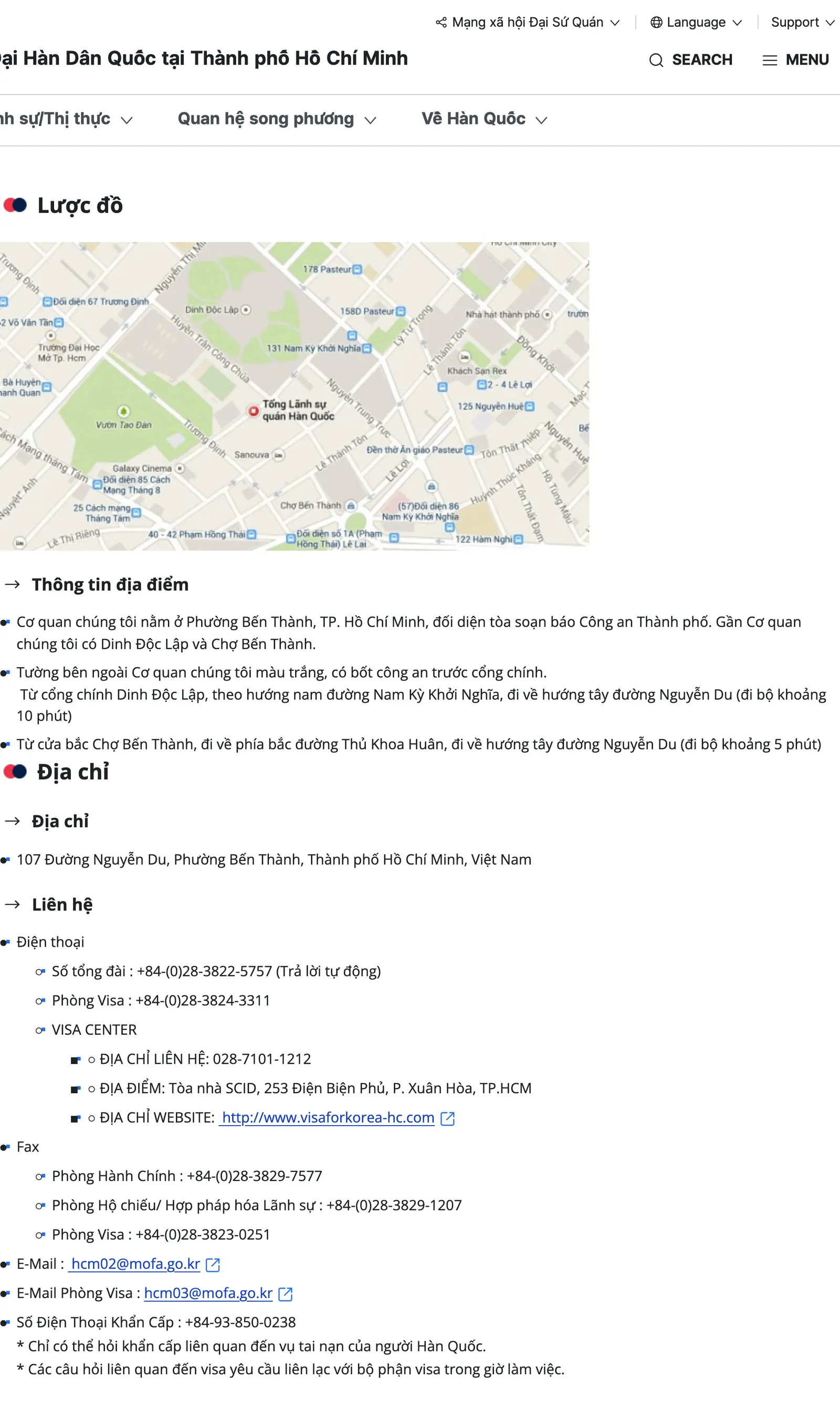 Korean consulate page in Vietnamese with a small street map, the address, phone lines and the visa section address