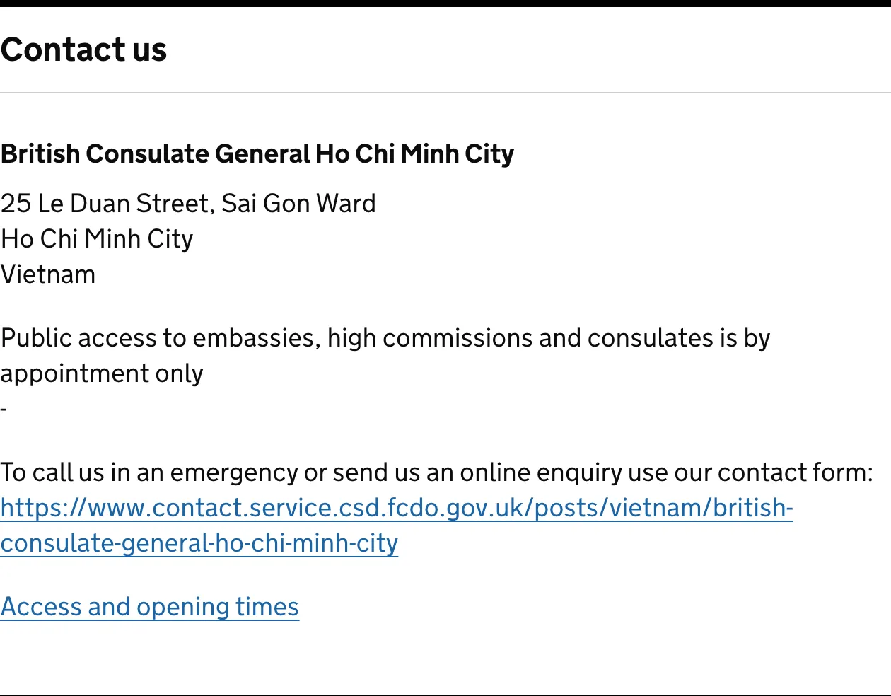 GOV.UK contact box for the British Consulate General Ho Chi Minh City with its street address and the appointment notice