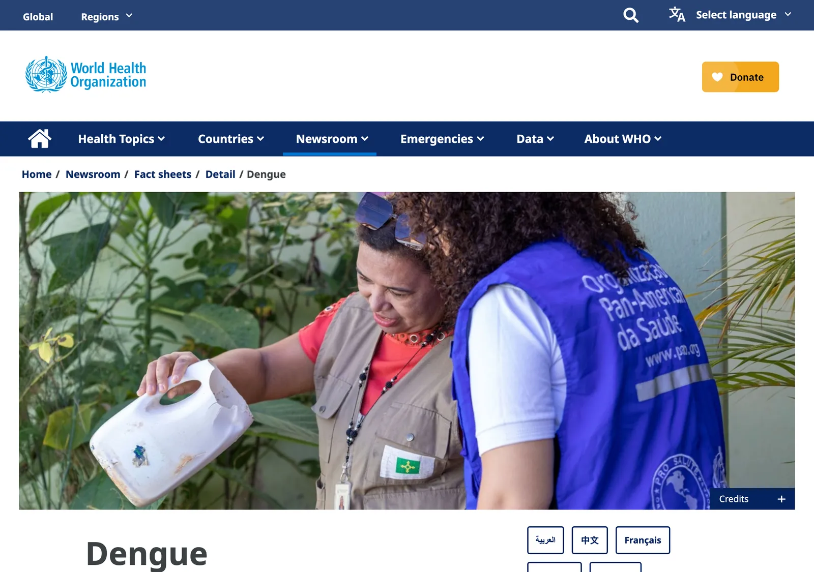 World Health Organization dengue fact sheet with a health worker emptying a container of standing water.