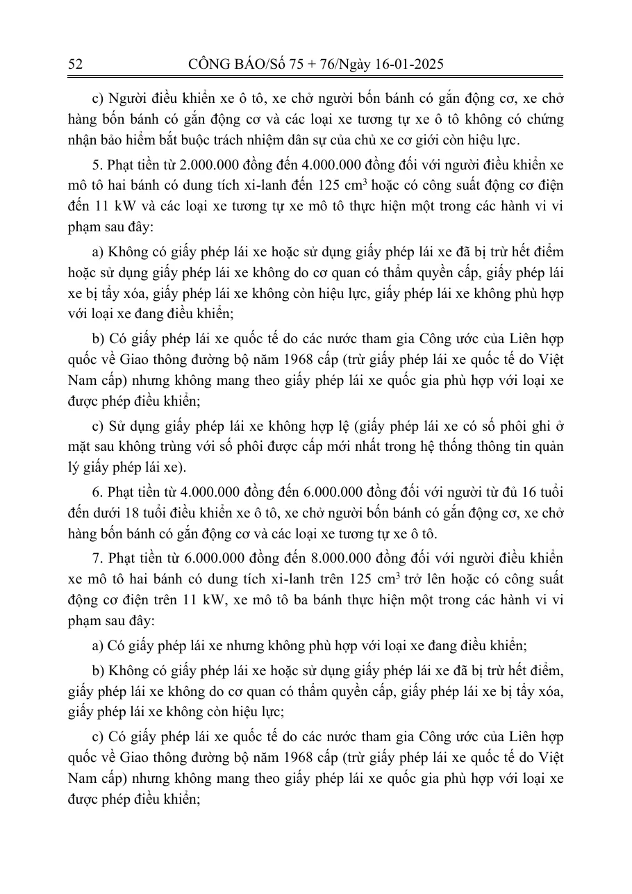 Printed Official Gazette page listing fines for riding a motorbike without a valid licence