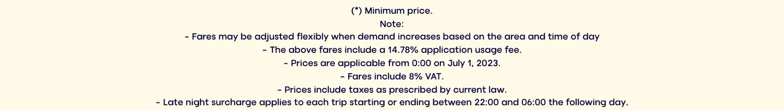 Notes under Be's beCar fare card about demand pricing, the app fee, the start date, VAT and the late-night surcharge