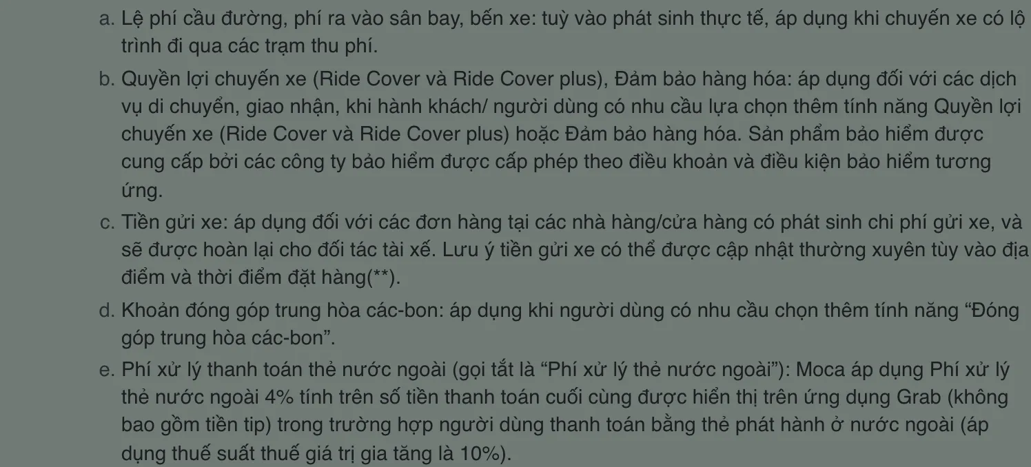 Lettered list in Vietnamese on a green background covering tolls, trip insurance add-ons, parking, carbon offset and foreign-card fees