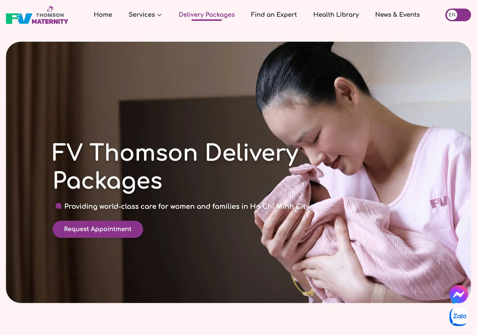 FV Thomson Delivery Packages page with a mother holding her newborn and a Request Appointment button.