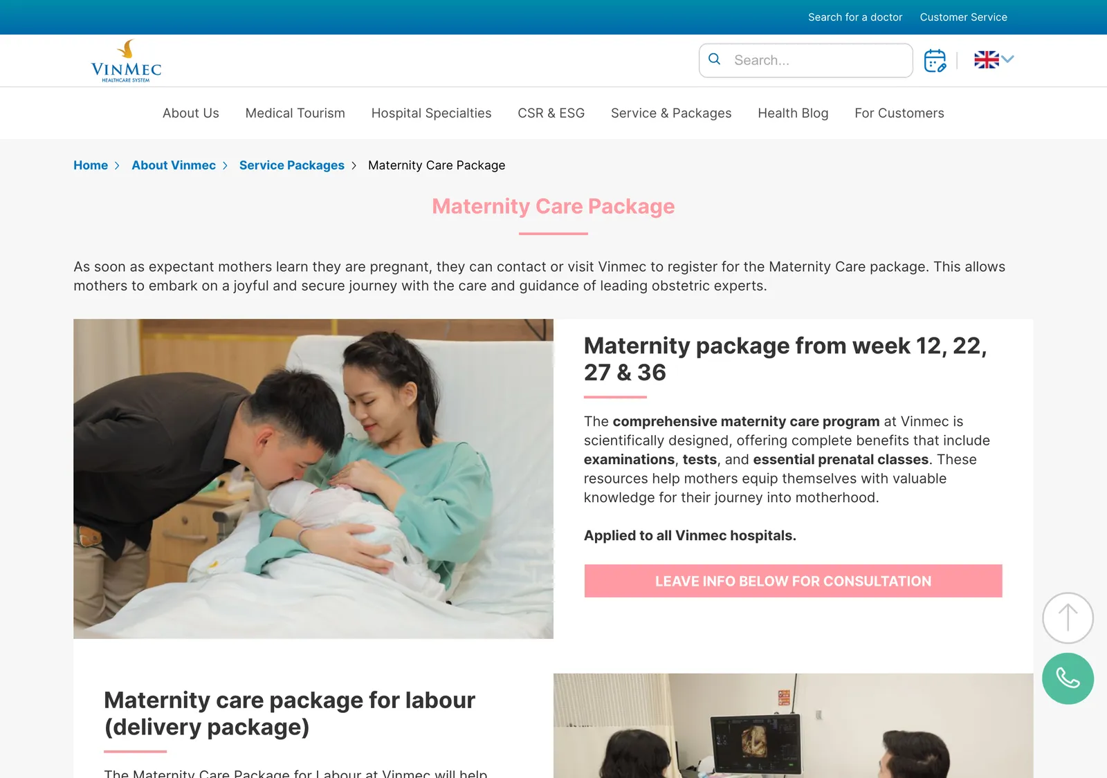 Vinmec Maternity Care Package page with a couple holding a newborn and a section on the labour package.