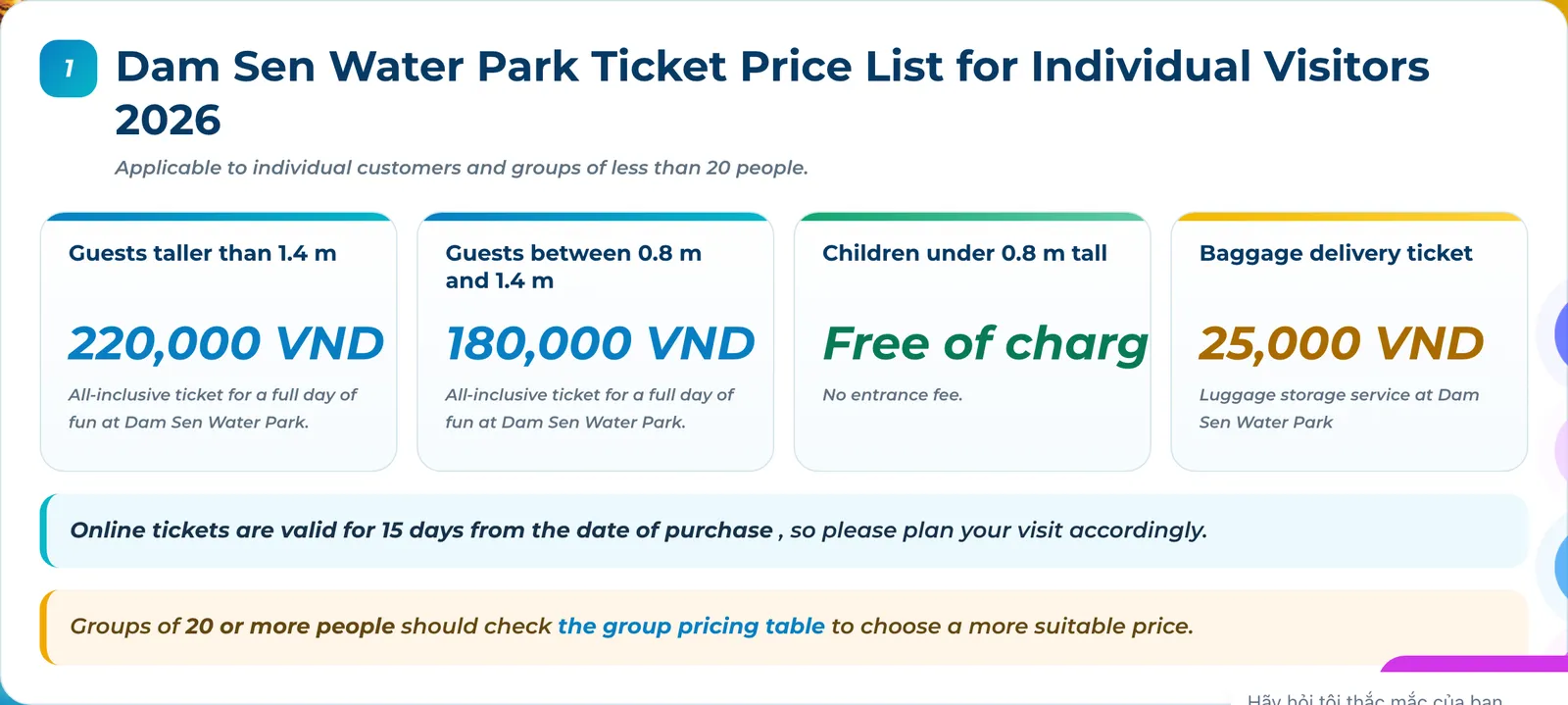 Water park price list with cards for visitors by height, children under the lowest height and a locker fee