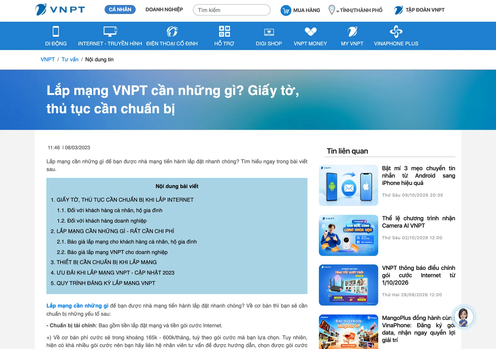 VNPT advice page on documents and procedures for a new internet connection, with a contents box
