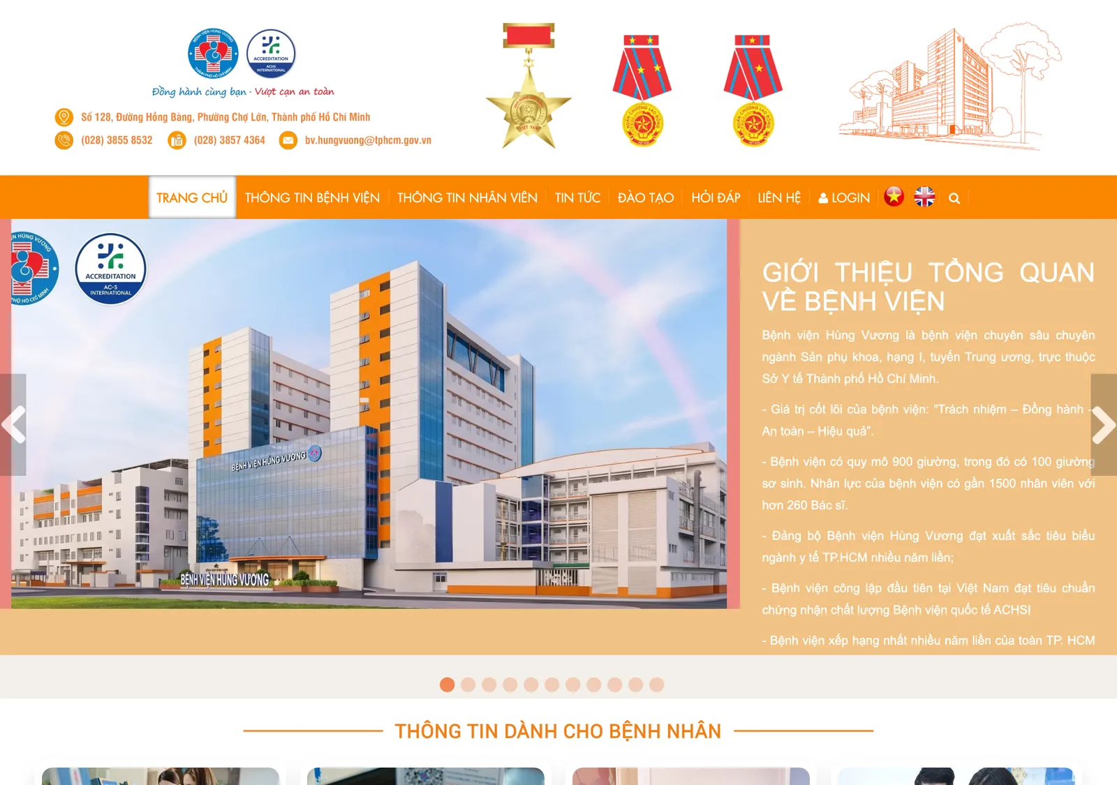 Home page of the Hung Vuong obstetrics hospital with a photo of the hospital building and the menu bar.