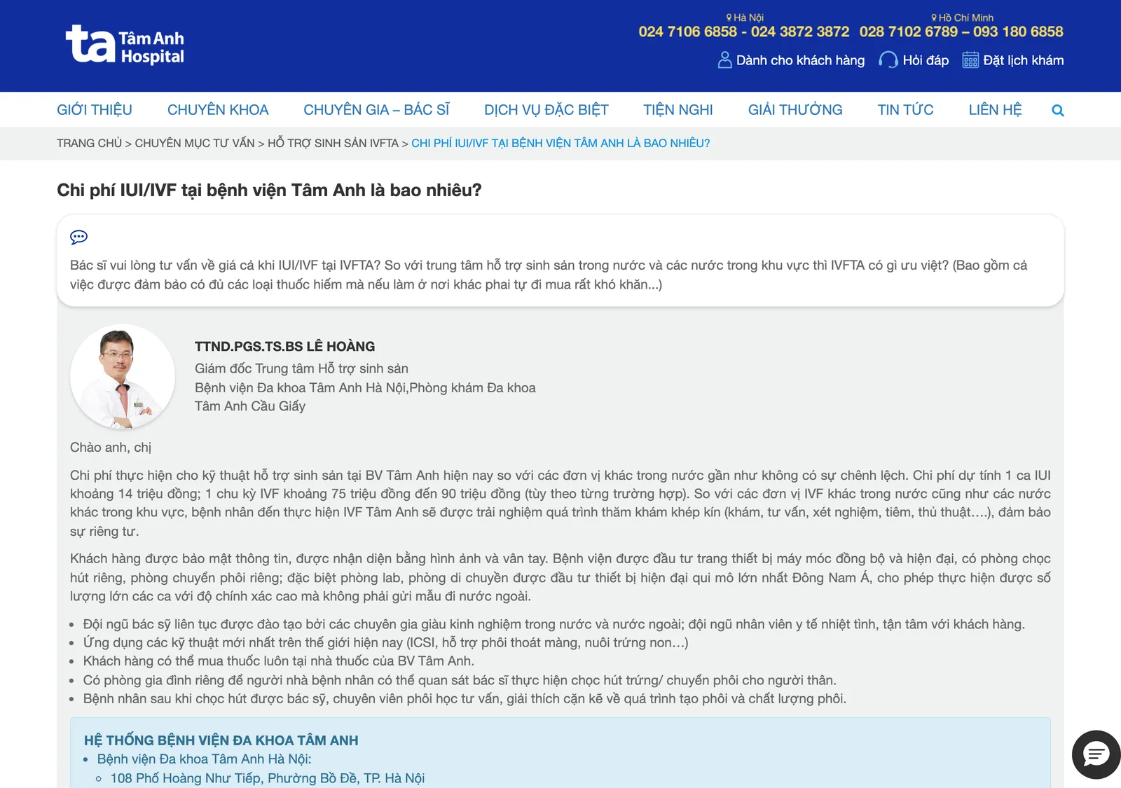 Question and answer page from a private hospital with a doctor's photo and a short text on the cost of IUI and IVF.