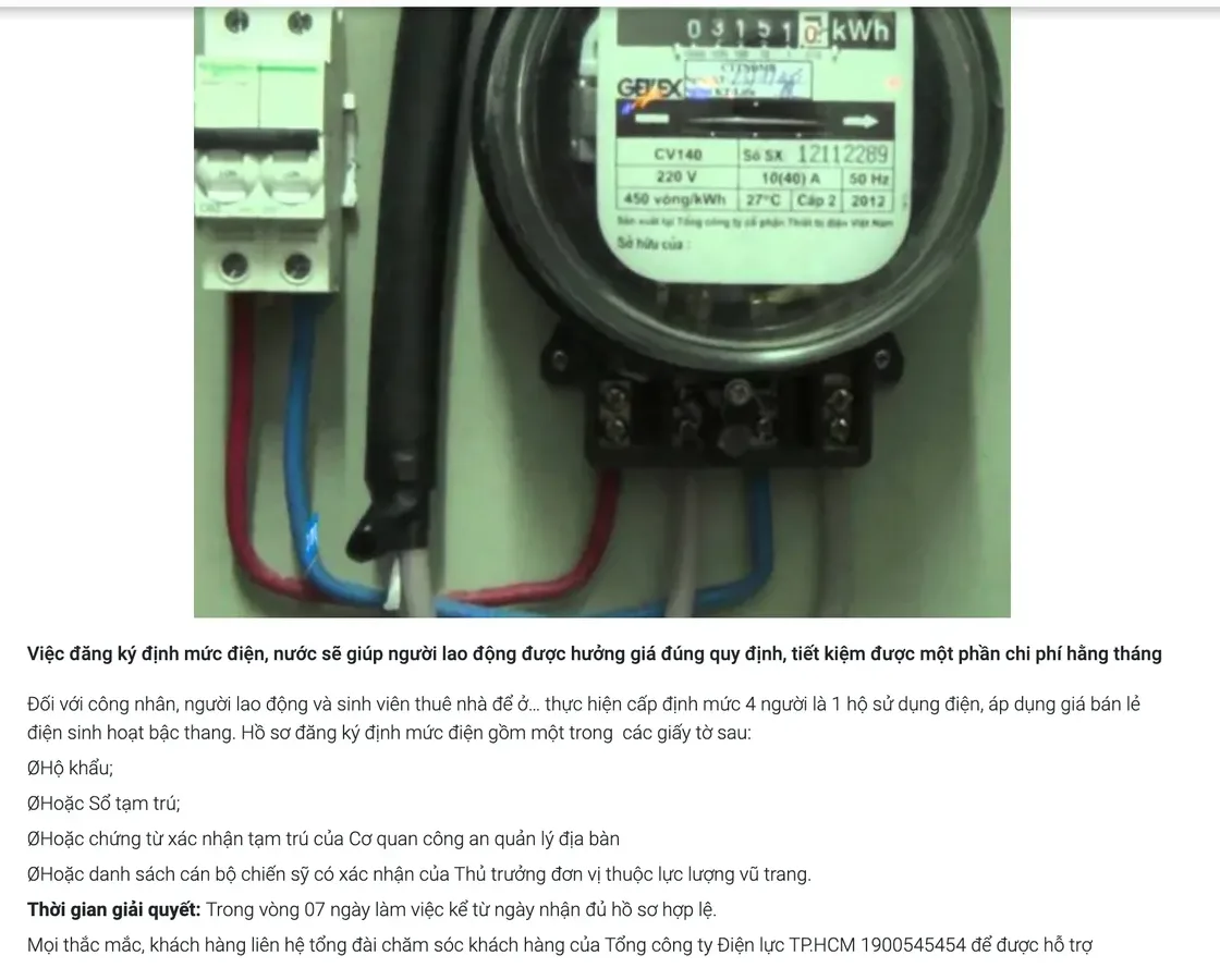 Photo of a household electricity meter above advice text on registering a quota for workers and students who rent a home