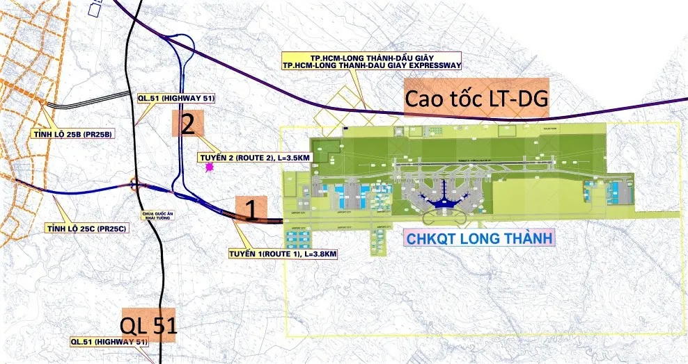 Map of the airport site with two numbered access routes joining Highway 51 and an expressway