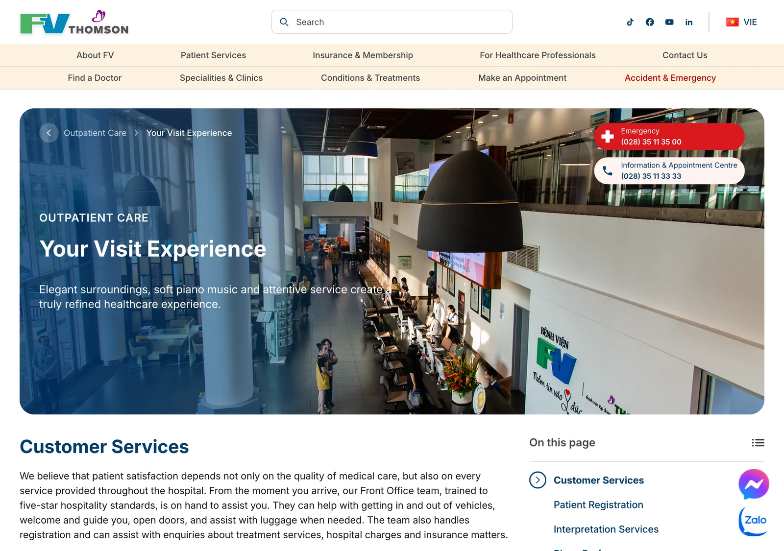 Visit experience page of FV Hospital with a photo of the reception hall and a menu with patient registration and interpretation services.
