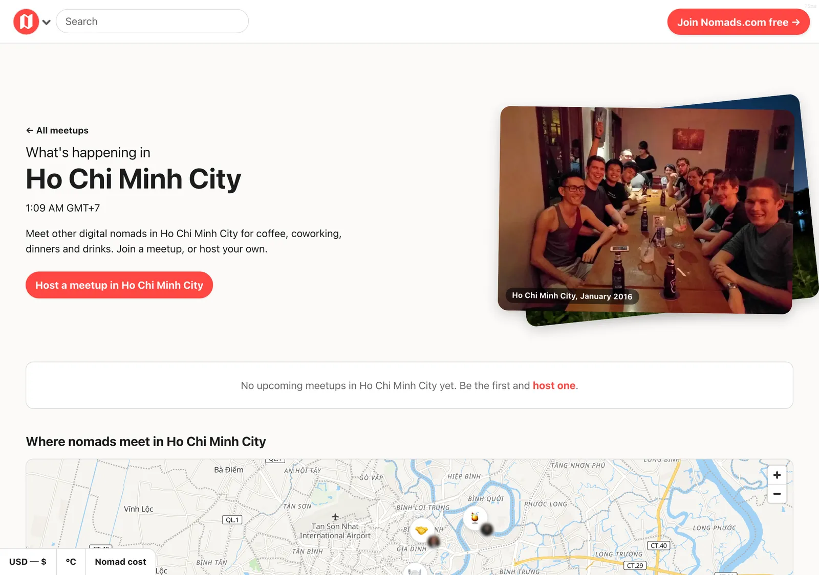 Nomads.com meetups page for Ho Chi Minh City showing a group dinner photo and a note that no meetups are upcoming