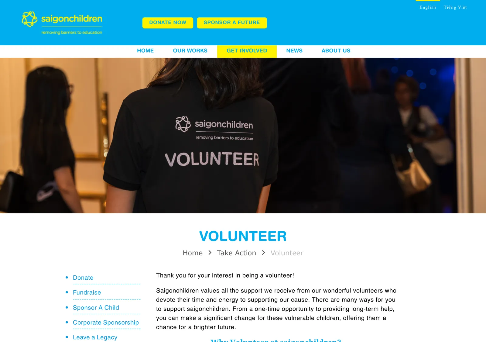 saigonchildren volunteer page with a photo of a person in a volunteer T-shirt and the heading Volunteer