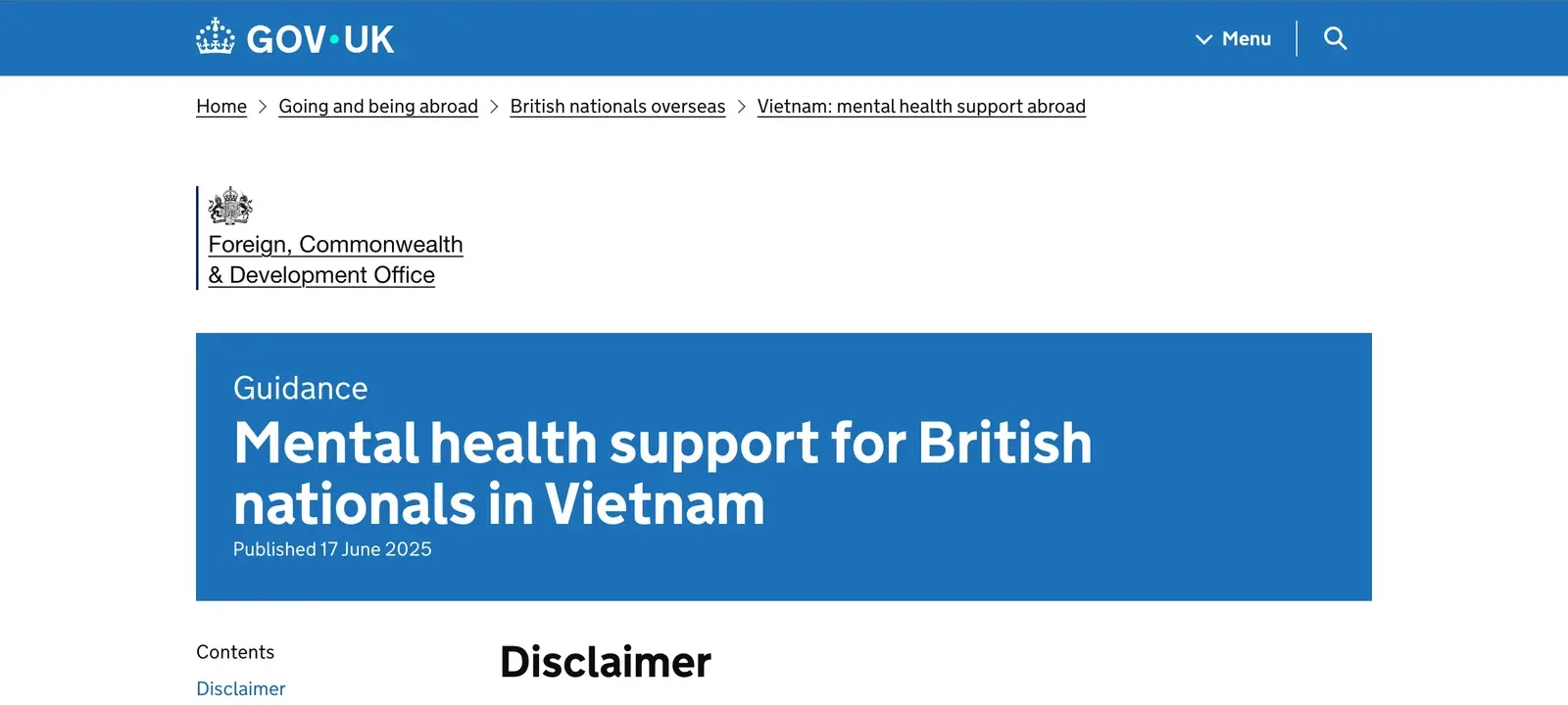 UK government guidance page titled Mental health support for British nationals in Vietnam, with the contents list beginning below.