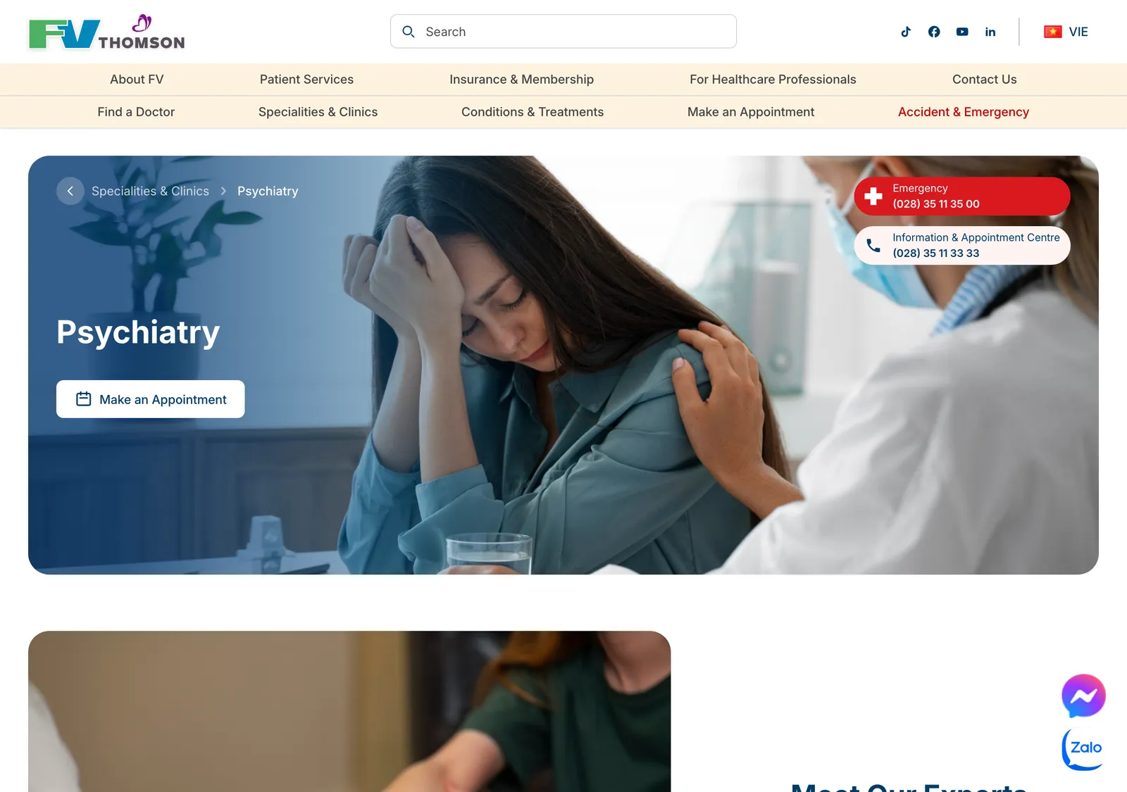 FV Hospital Psychiatry page with emergency and appointment phone numbers beside a banner photo.