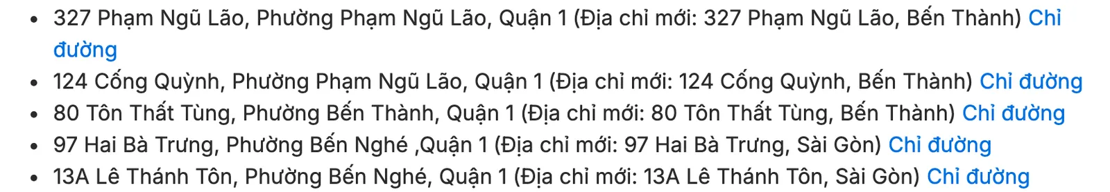 Bulleted list of five Pharmacity addresses in the Ben Thanh and Sai Gon wards, each followed by a directions link.