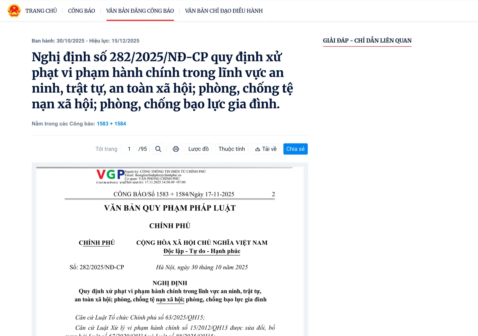 Official Gazette portal page for the decree on administrative fines in security and order, with the first page of the signed text below the title