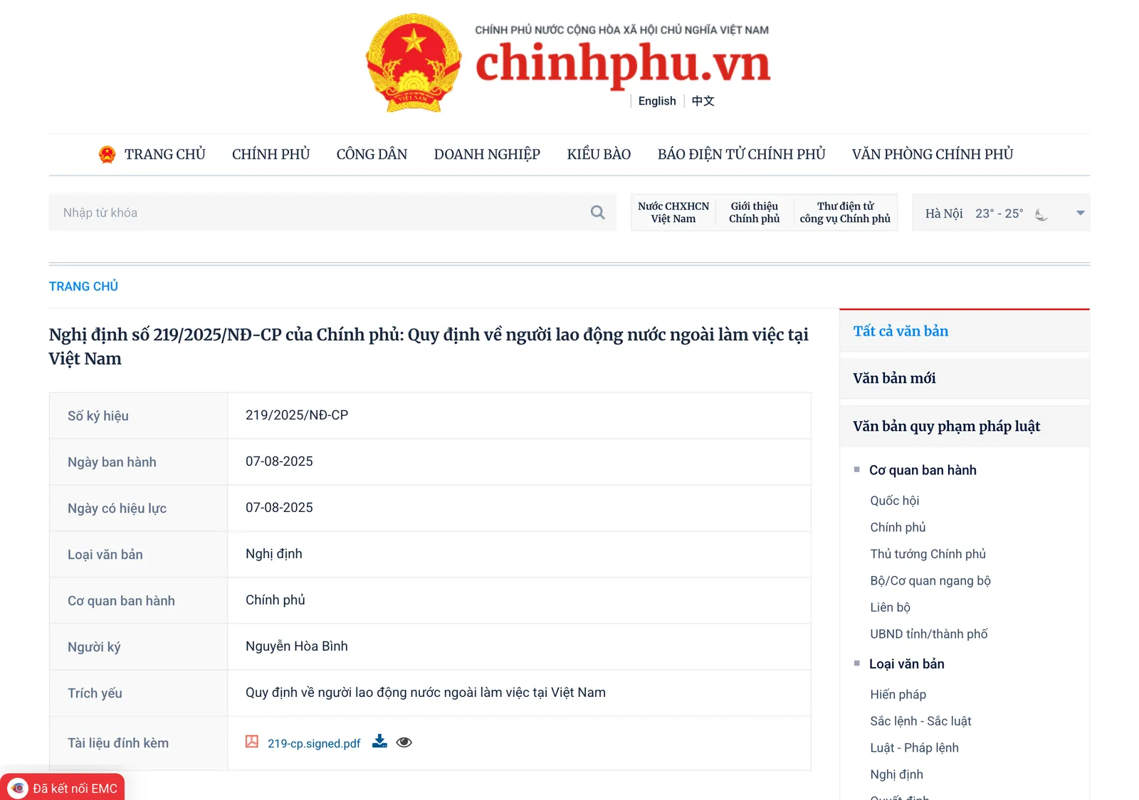 Government legal documents portal page for the decree on foreign workers in Vietnam, with its number, issue date and issuing body in a table