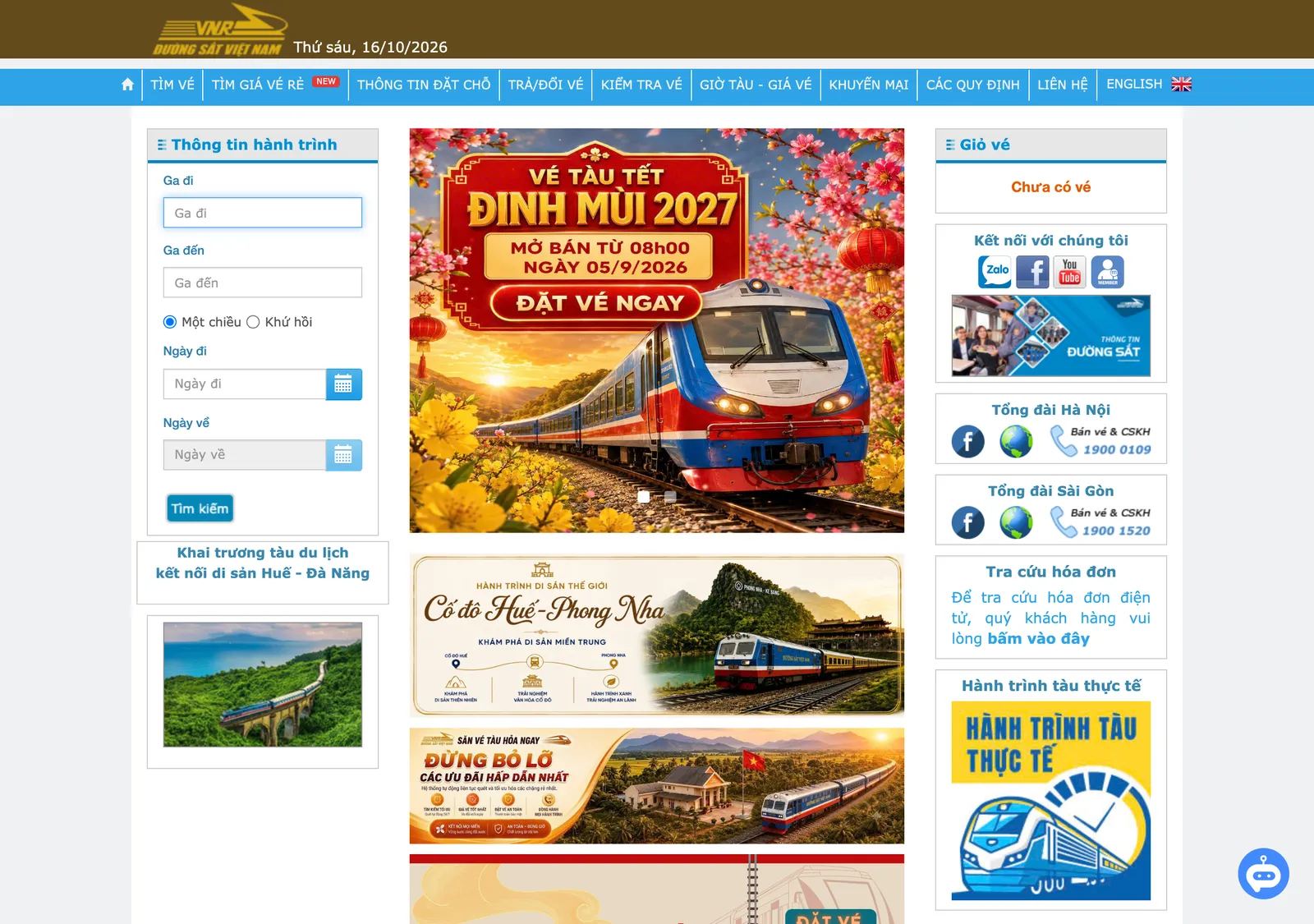 Vietnam Railways ticket site home page with a journey search form and two ticket hotlines on the right