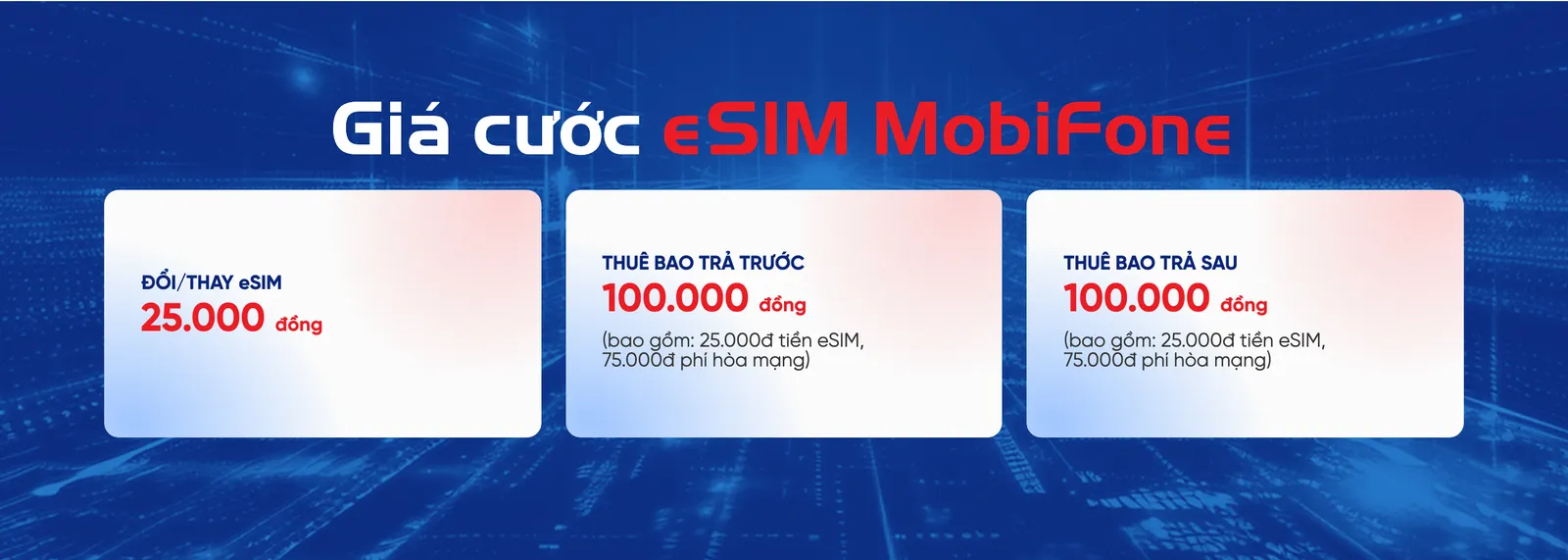 MobiFone eSIM page price section with a fee to swap an eSIM and a fee for a new prepaid or postpaid eSIM line