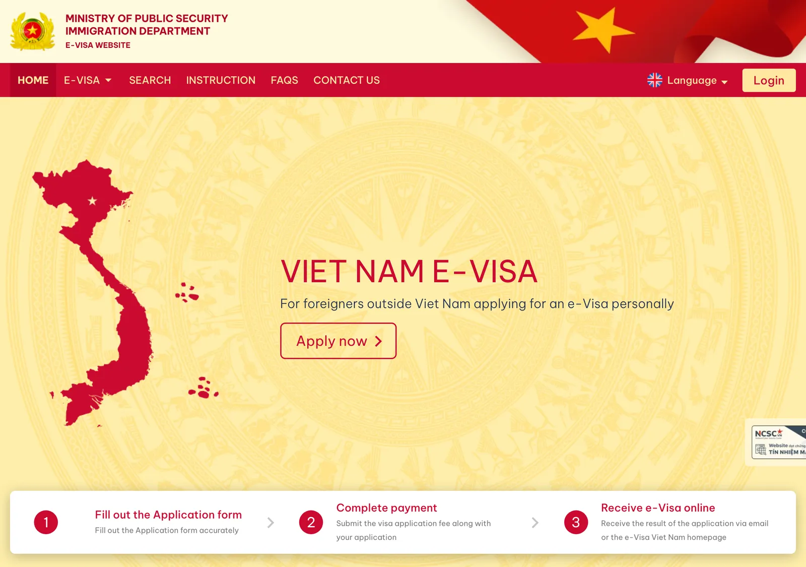 Home page of the Vietnam e-visa portal with a red map of Vietnam, an Apply now button and three steps below
