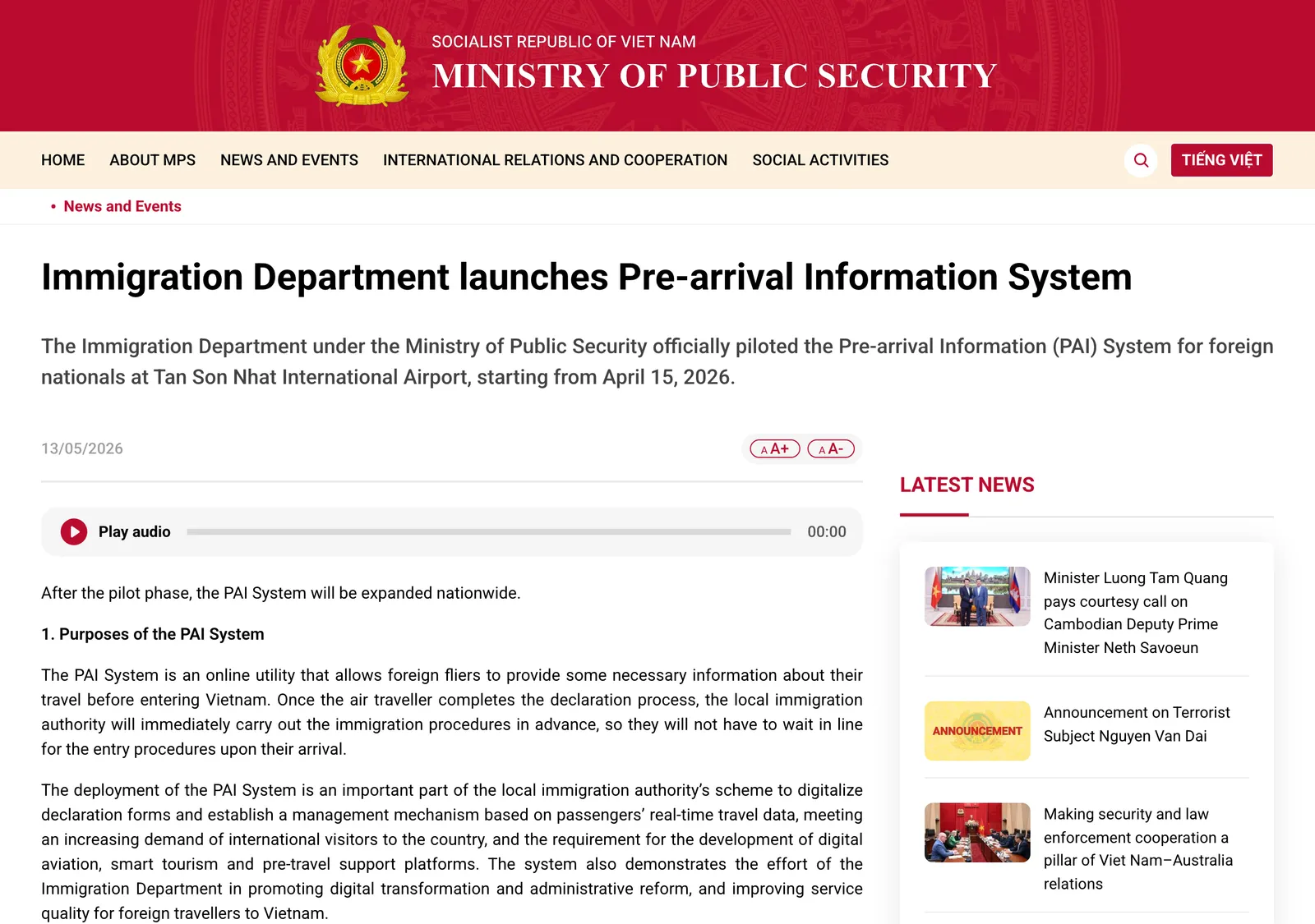 Ministry of Public Security portal article on the Pre-arrival Information System launched for foreign passengers at Tan Son Nhat