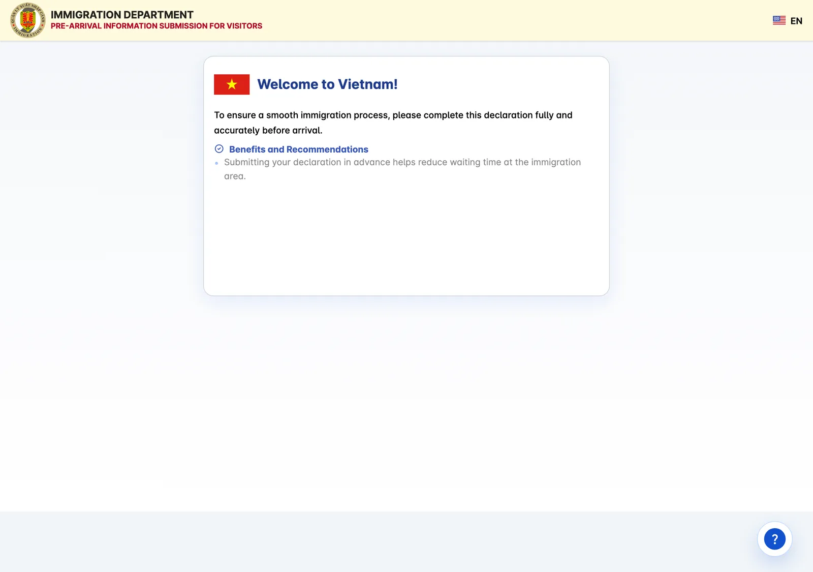 Pre-arrival information portal of the Immigration Department with a welcome message and a list of benefits and recommendations