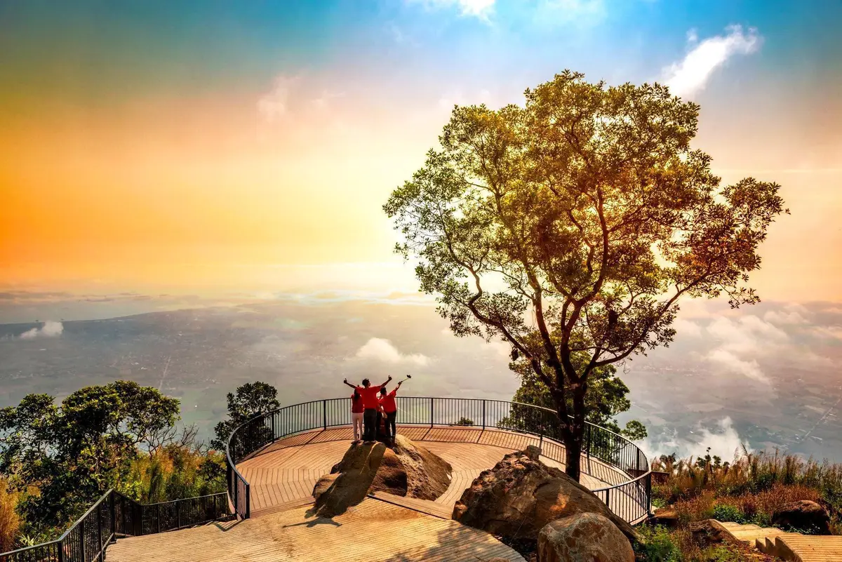 Viewing platform with a lone tree and a few visitors at sunset above the clouds