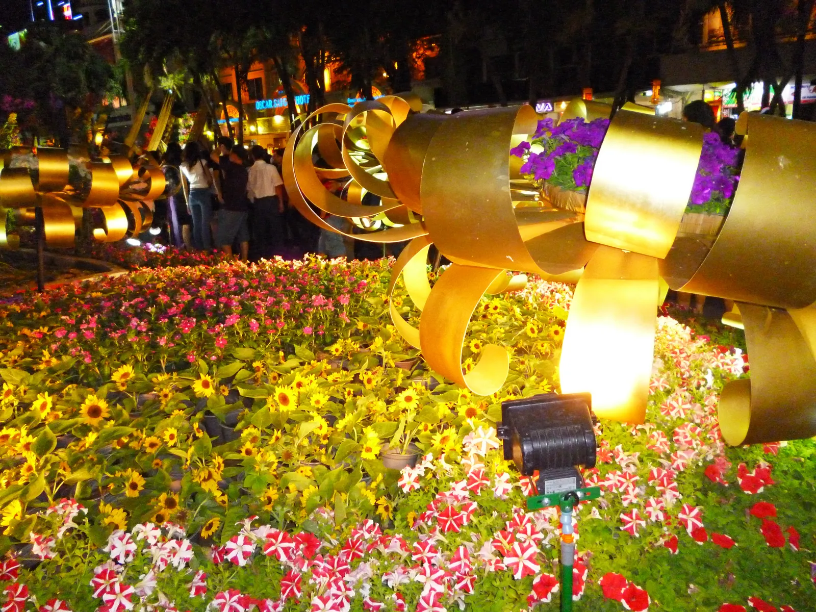 Beds of yellow and pink flowers with a large gold ribbon sculpture lit at the edge