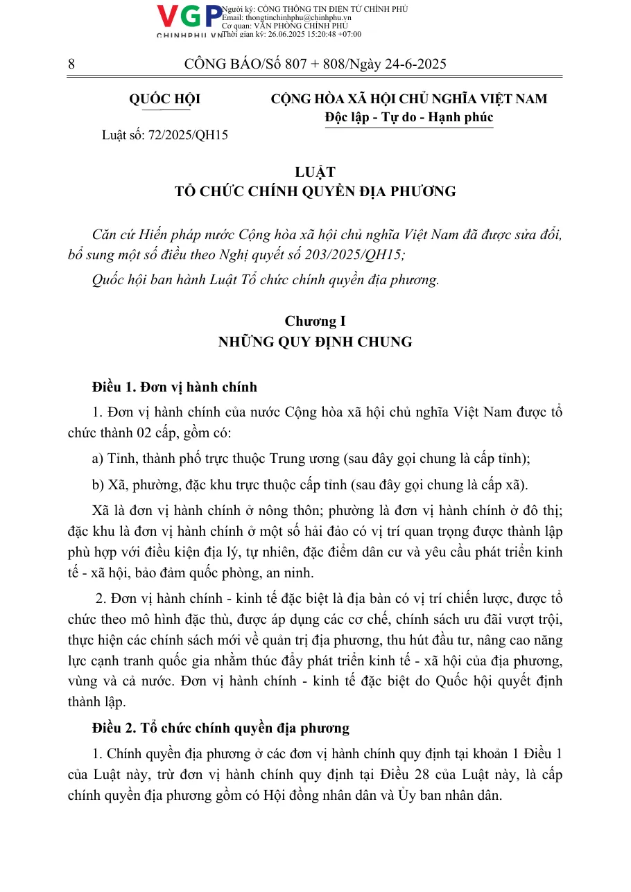 First page of the Vietnamese law on local government where the article on administrative units starts