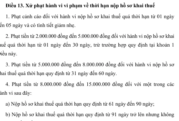 Official Gazette page of the sanctions decree with the article on fines for late filing of a tax declaration.