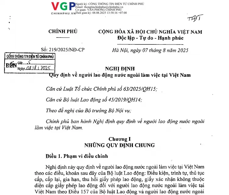 First page of the signed decree on foreign workers in Vietnam with its title and legal basis