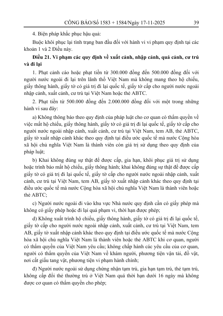 Page of the Official Gazette PDF of the sanctions decree showing the article on violations of rules on exit, entry, transit and residence