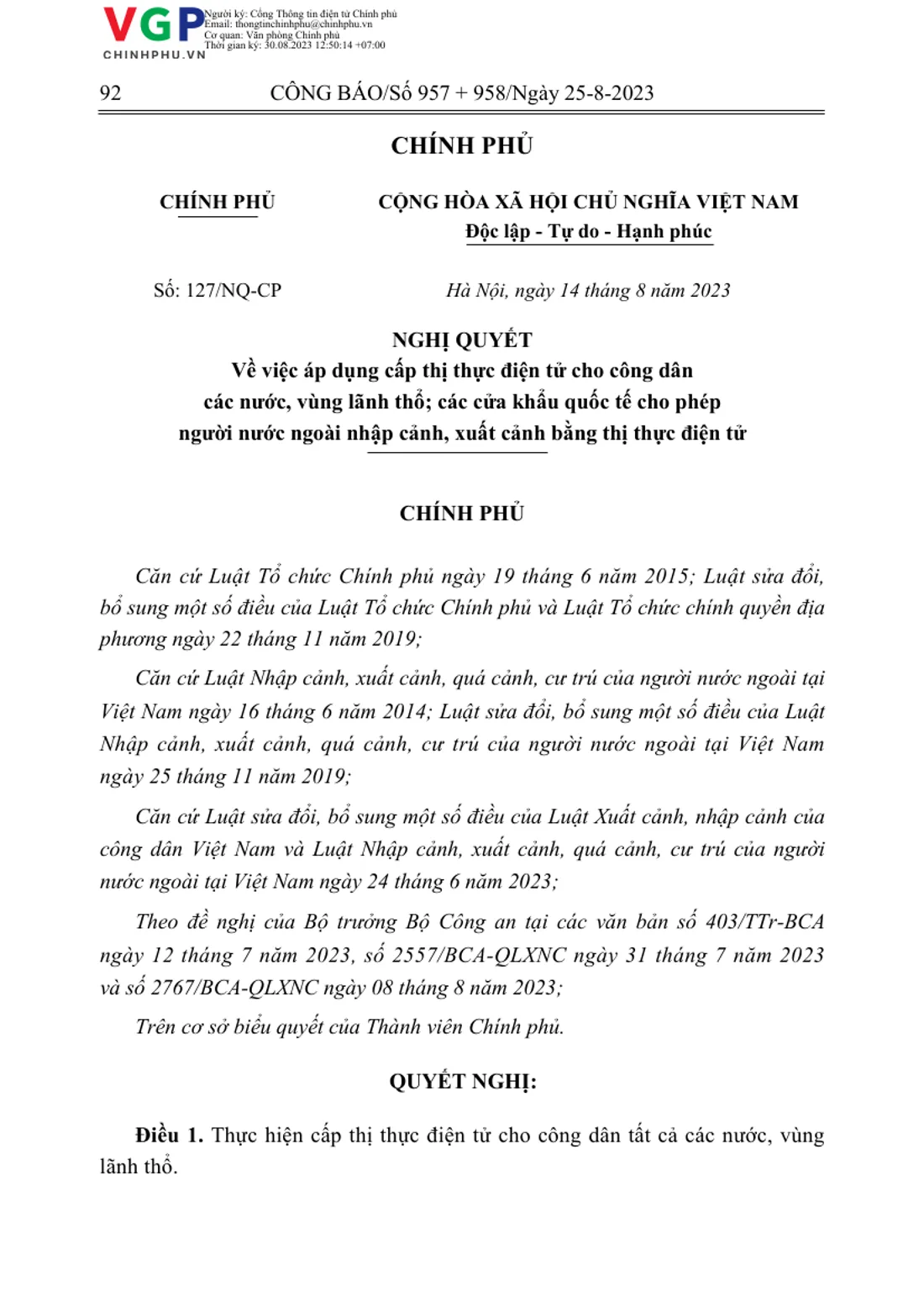 First page of the Government resolution on e-visas for citizens of all countries in the Official Gazette, with Article 1 at the bottom